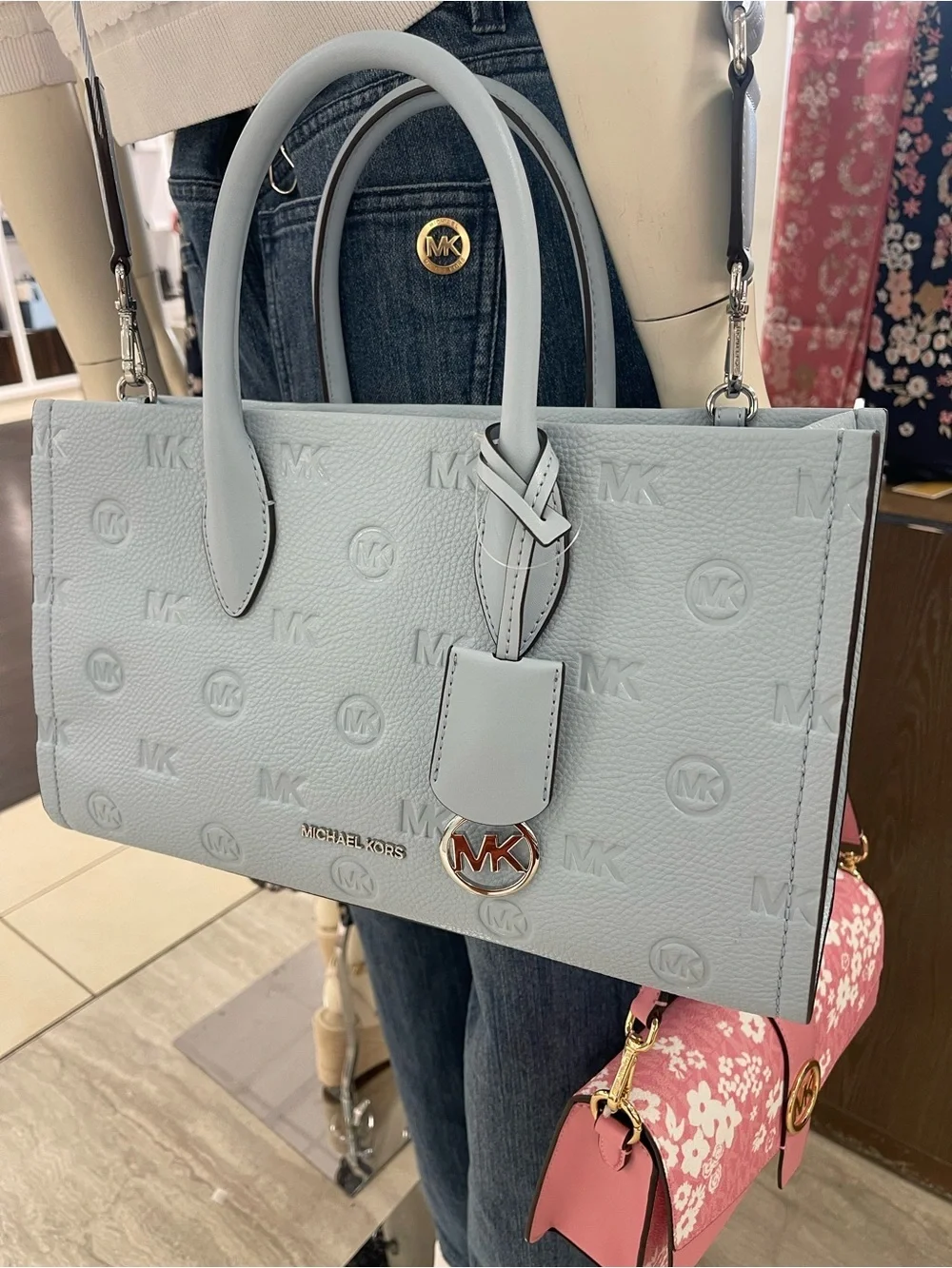 Michael Kors Mirella Md Logo Debossed EW Top Zip Satchel Shouldr Tote Pale Ocean